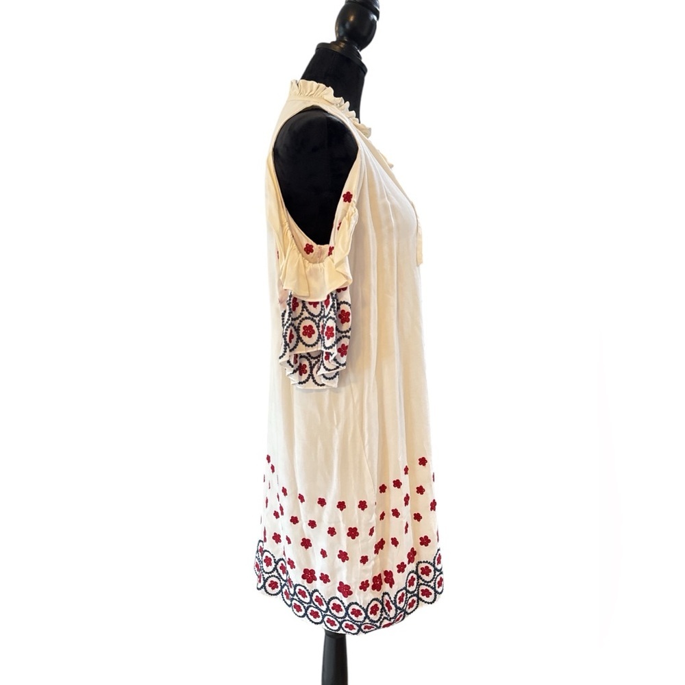 Saks Fifth Avenue Cream Embroidered Cold Shoulder Dress Boho Peasant Tunic Sz M - Picture 5 of 11